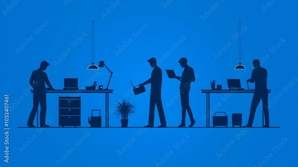 Poster Stylized minimalist and professional two color icon set depicting people performing various business workplace and technology related tasks such as office work digital device usage and communication