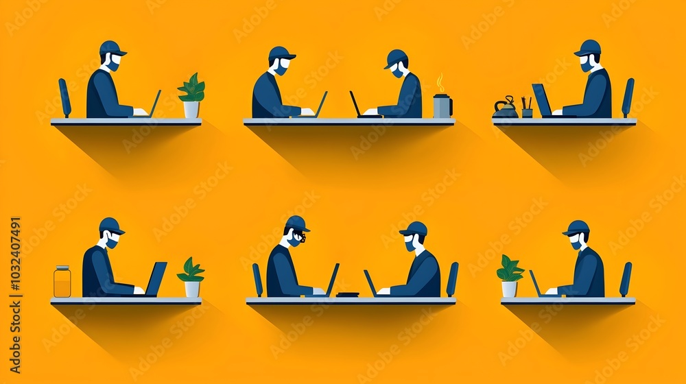 Poster Set of stylized two color minimalist icons depicting people performing diverse professional tasks and occupations in a clean modern and versatile visual style
