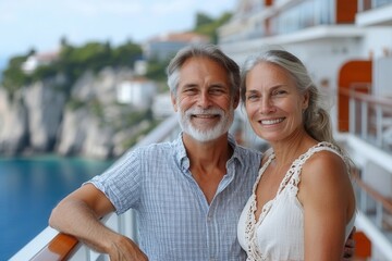 Obraz premium A joyful couple stands on the balcony of a cruise ship, smiling at the camera. The beautiful ocean and cliffs create a stunning backdrop as they enjoy their relaxing getaway together.