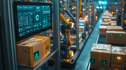 Automated warehouse with robotic systems and digital displays