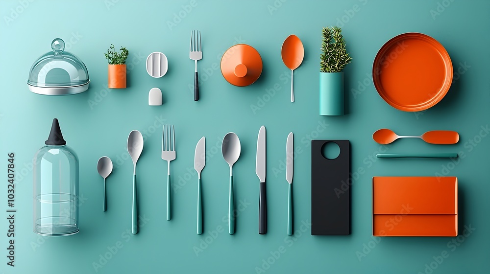 Poster Clean featuring a set of cutlery cloche tray and dining table icons representing a modern minimalist catering service or restaurant setting  The icons are arranged in a cohesive