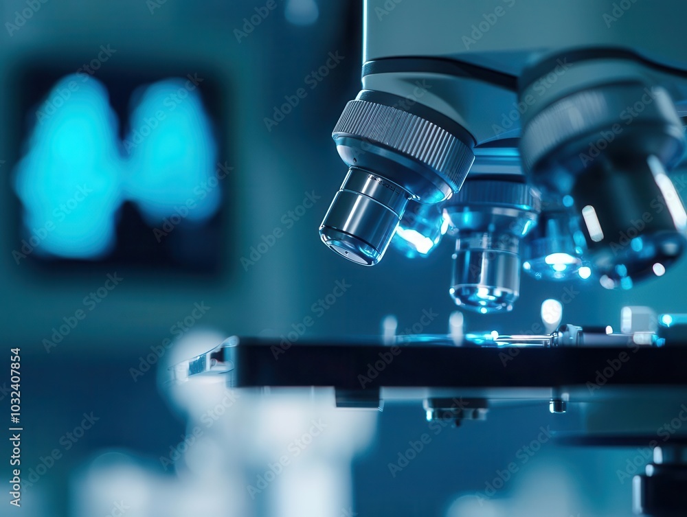 Poster a close-up view of a microscope with illuminated lenses, set against a blurred laboratory background