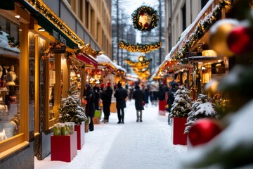Obraz premium Winter market in Stockholm, with festive stalls and people bundled in warm clothes