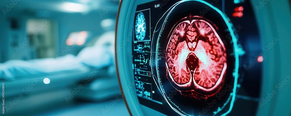 Poster a close-up view of a brain scan displayed on a monitor in a medical setting, with a hospital room vi