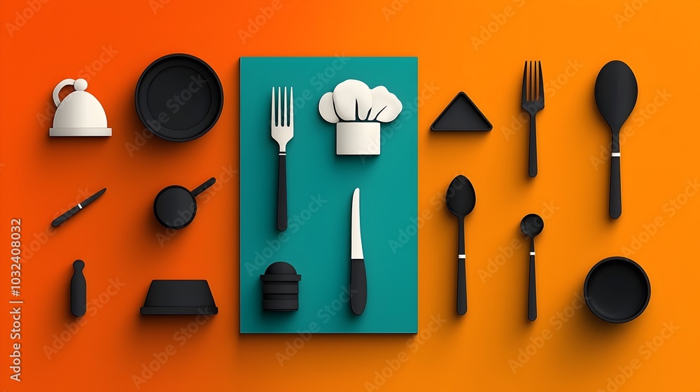 Poster comprehensive set of icons representing essential catering elements such as cutlery waiter and chef 