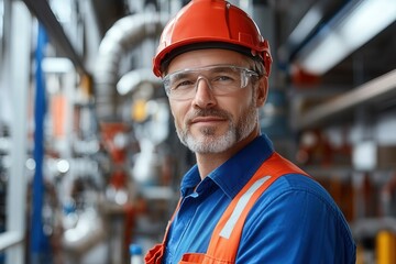A man in an industrial environment stands confidently, wearing an orange hard hat and safety glasses. His blue shirt complements the orange vest, reflecting his commitment to safety in a factory or co
