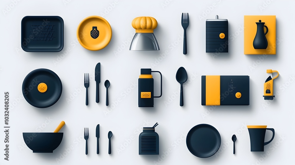 Poster elegant and minimalist catering icon set featuring essential elements such as plate cloche chef hat 