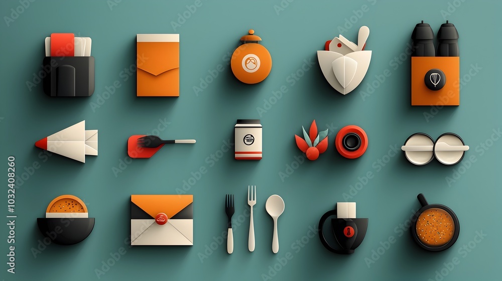 Poster collection of icons representing various elements of catering and dining including cutlery food beve