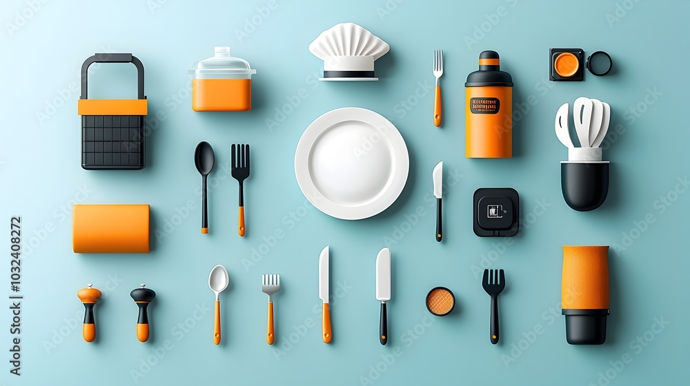 Poster Minimal and simple design catering icon set featuring essential elements such as plate cloche chef hat and cutlery for restaurant cafe or food service branding and menu design