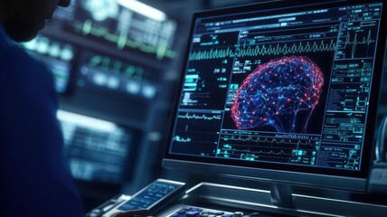 A person interacts with a high-tech computer display showing a detailed brain scan with data analytics and visualizations.