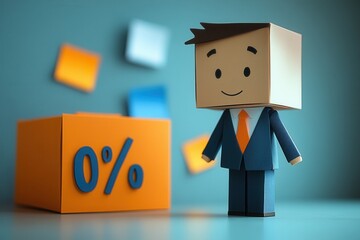 A cardboard character dressed in a suit and tie stands beside a bright orange box marked with the number zero percent. Colorful square shapes float in the background, creating a playful, modern atmosp