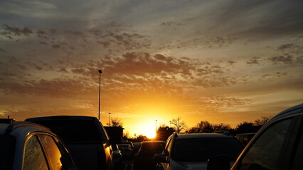 The beautiful city sunset view with the blue time sky in the shopping mall parking square