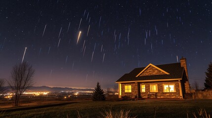 a meteor shower visible in the sky above a house, sky scenery, stars
