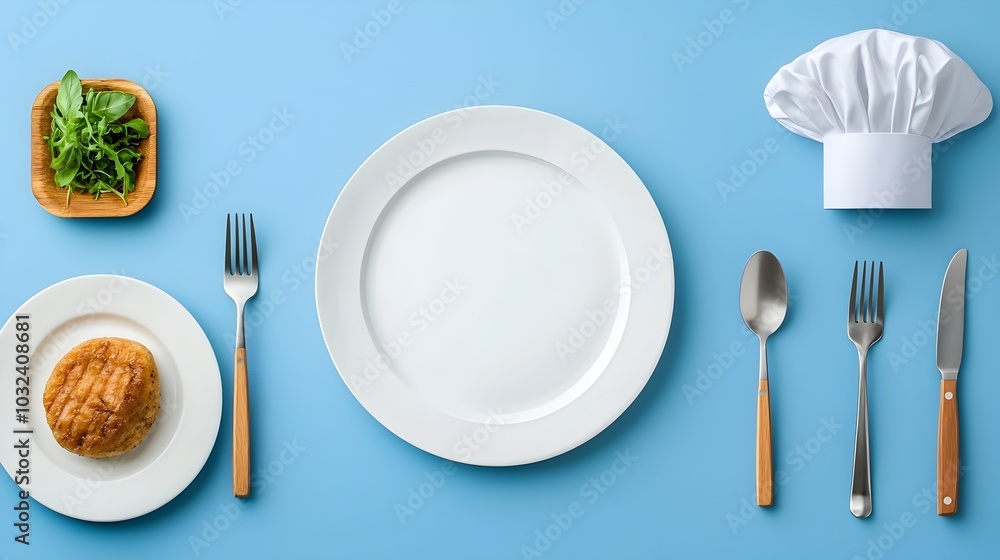 Poster sleek and modern catering set featuring minimalist icons of a plate fork spoon and chef hat suitable