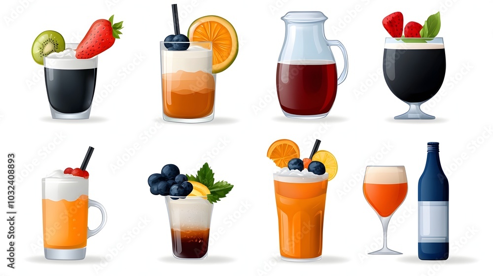 Poster set of simple clean icons depicting various food and beverage items along with cutlery for use in ca
