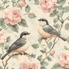 Cute, adorable, pastel pattern, seamless with birds and English roses