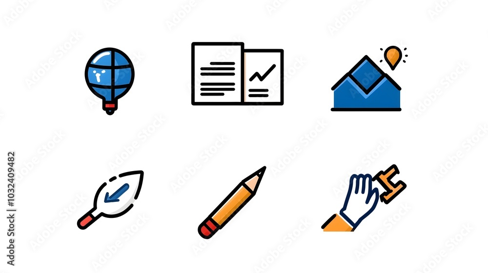 Aufkleber Handwritten Evaluation Icon Set with Document Review and Statistics Elements on White Background   Graphic Design for Business Analytics Report and Information Management