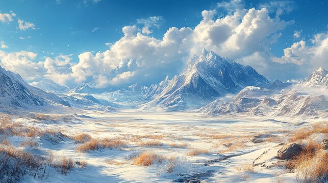 Snow-capped mountains rise above a vast, snowy plain under a clear blue sky with puffy clouds.