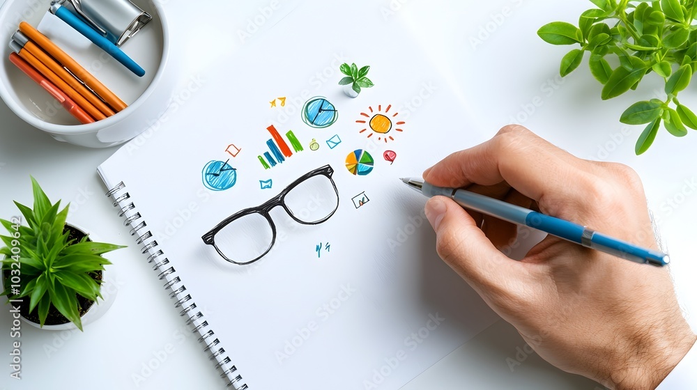 Aufkleber Handwritten icons depicting various business management data inspection and evaluation concepts on a clean white background  Ideal for infographic report analysis and presentation designs