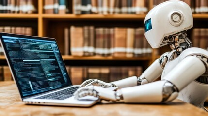 Fototapeta premium A humanoid robot using a laptop in a library setting