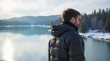 Contemplative man in puffy jacket standing by tranquil lake surrounded by snowy mountains