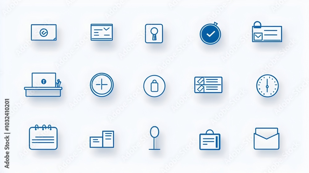 Poster icons of reception desk elements including counter information and reservation signage in a clean mi