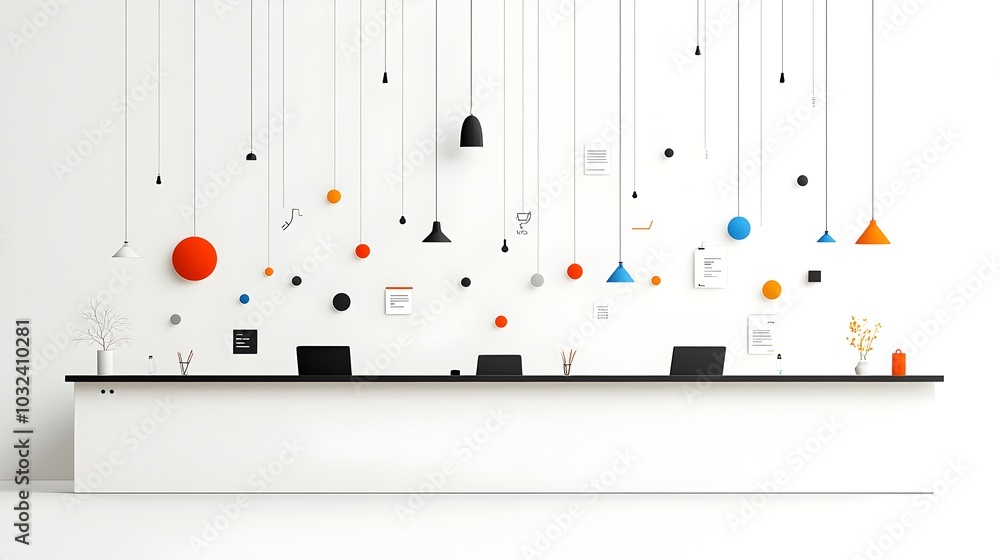 Leinwandbilder minimal and modern depicting a reception desk area with simple icons representing staff assistance i