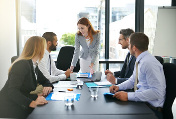 Meeting, woman or business people on tablet in presentation for feedback, discussion or teamwork....