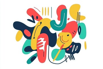 Vibrant abstract shapes in bold colors create a lively composition with playful designs and organic forms