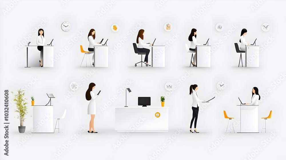 Poster reception icons featuring staff guest and client service line for a modern efficient and service ori