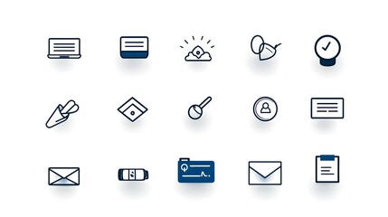 Stylized Hotel Reception Desk Icon Set Featuring Line Art Symbols for Customer Service Information and Check In