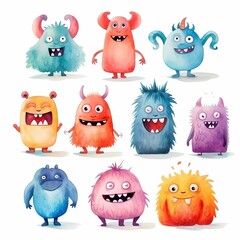 Obraz premium The watercolor illustration depicts various colorful hearts and round faces expressing a wide range of emotions
