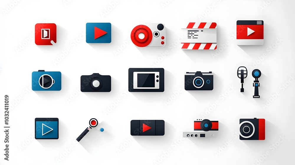 Poster Comprehensive set featuring a diverse collection of video player icons including film reel play button media symbol and clapperboard designed with a sleek