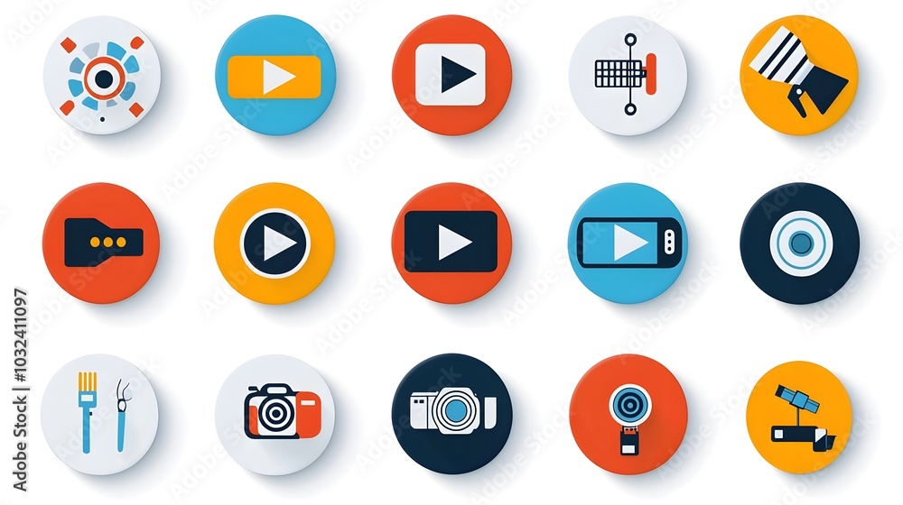 Poster Flat icon set showcasing media player buttons like play pause and stop as well as video production elements such as film reel designed for digital platforms and multimedia applications
