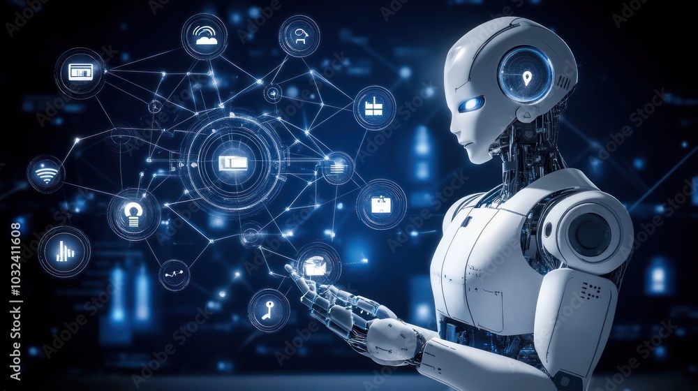 Aufkleber white robot interacting with holographic interface of networked icons