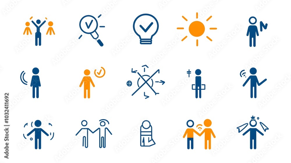 Poster minimalist depicting a thin line icon set that showcases corporate hierarchy leadership and team dyn