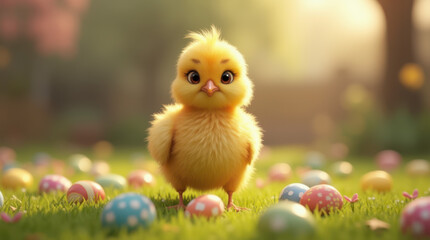 Yellow chick surrounded by colorful eggs in springtime field