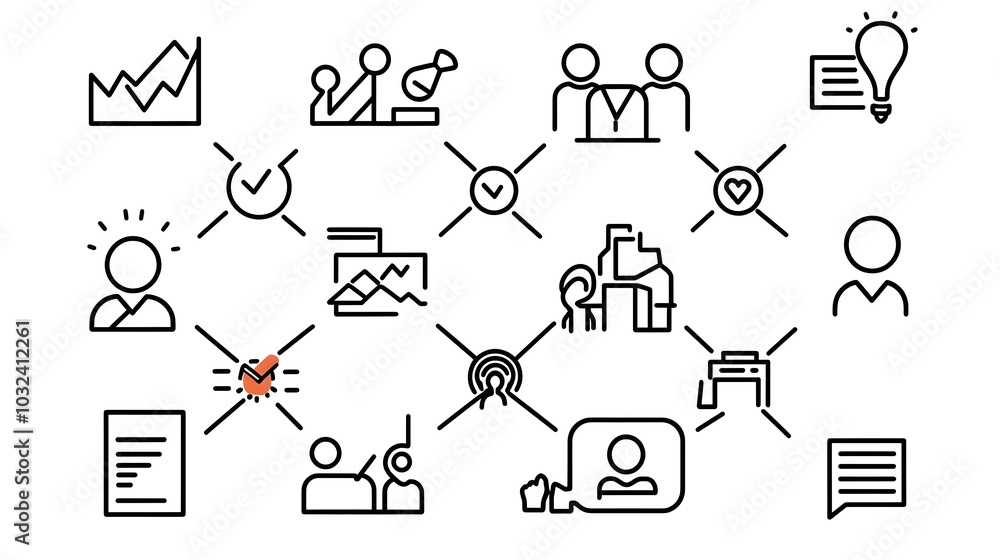Poster a set of minimalist thin line icons designed to depict the various aspects of a company s structure 