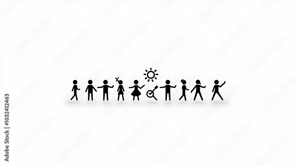 Poster depicting diverse human figures group members and teams in a thin line style design  This modern simple aesthetic is suitable for business and community themes conveying concepts of inclusive culture
