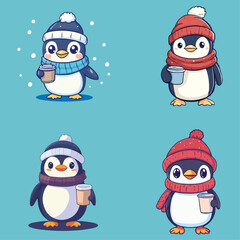 Naklejka premium set of cute penguin wearing a hat and scarf and holding a coffee cup in its hand