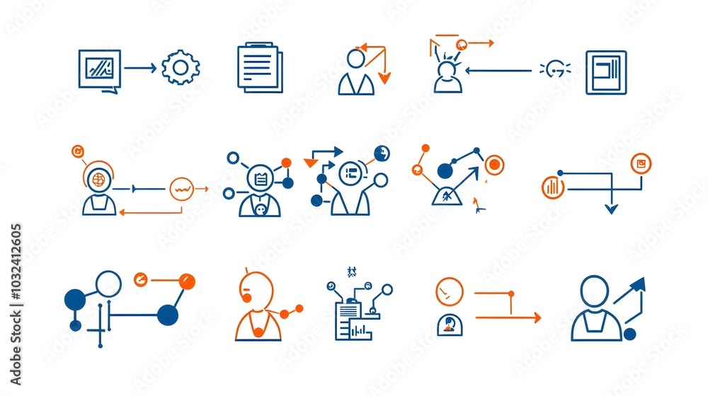 Poster Sleek and modern showcasing a set of organizational icons with thin lines depicting the concepts of business hierarchy team community building in a clean and abstract design style