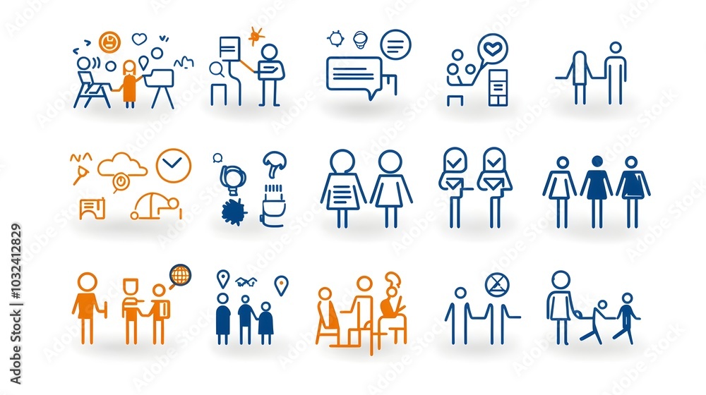 Poster set of thin outline icons depicting various human figures community members audience and team partic