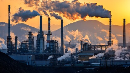 A dramatic photograph showcasing the bustling skyline of an industrial city with towering skyscrapers and high rise buildings enveloped in a hazy polluted atmosphere