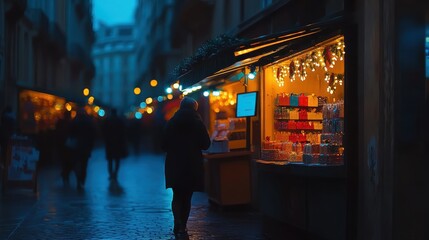 Naklejka premium Cozy street scene with illuminated shops and festive lights in evening ambiance.