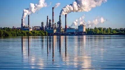 Aerial view of a bustling industrial city skyline with smog and haze hanging over the urban landscape symbolizing the environmental impact and air pollution challenges in modern metropolitan areas