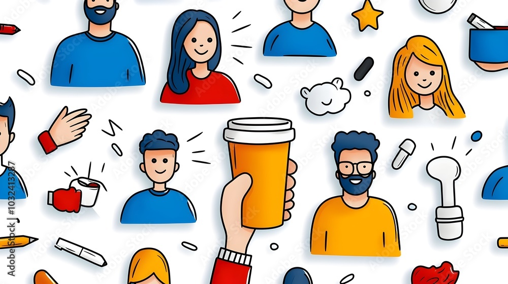 Aufkleber Minimalist depicting a group of stylized human figures in a thin line art style highlighting themes of organizational participation  The design showcases a diverse array of character representations
