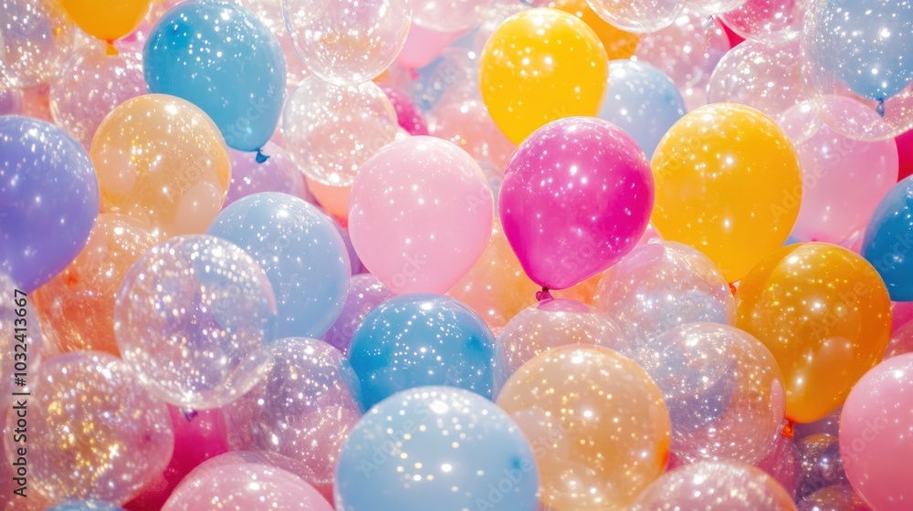 Poster a close-up view of colorful balloons with glitter and light reflections