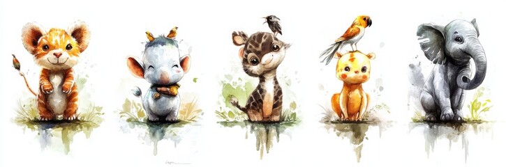 Fototapeta premium Collection nine illustrations different animals There are total Watercolor Illustration set Safari