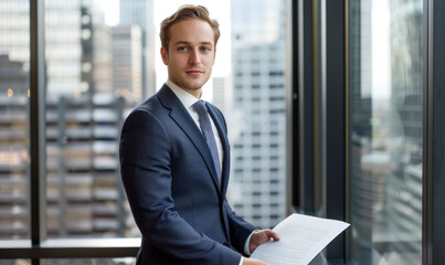 Businessman holding documents in a modern office environment...