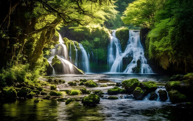 Obraz premium Beautiful waterfall surrounded by lush green nature